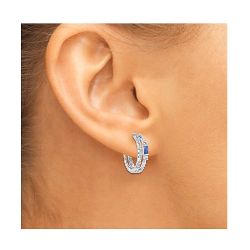 Baguette-Cut Sapphire & Diamond Hoop Earrings in 10k White Gold image number null