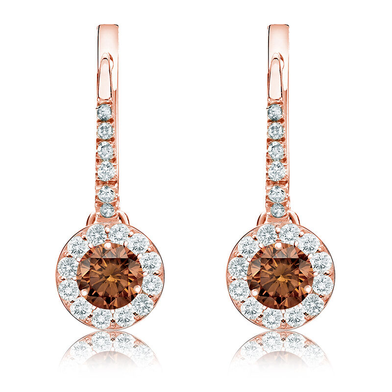 Champagne 1ct. Drop Diamond Halo Earrings in 14k Rose Gold image number null
