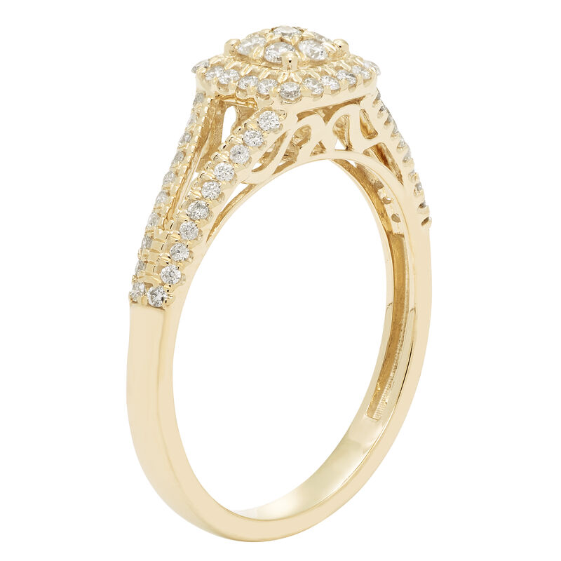 Diamond Halo Cluster Split Shank Promise Ring in 10k Yellow Gold image number null