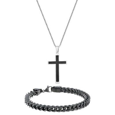 Men's Cross Pendant and 6mm Foxtail Bracelet Box Set in Black Plated Stainless Steel