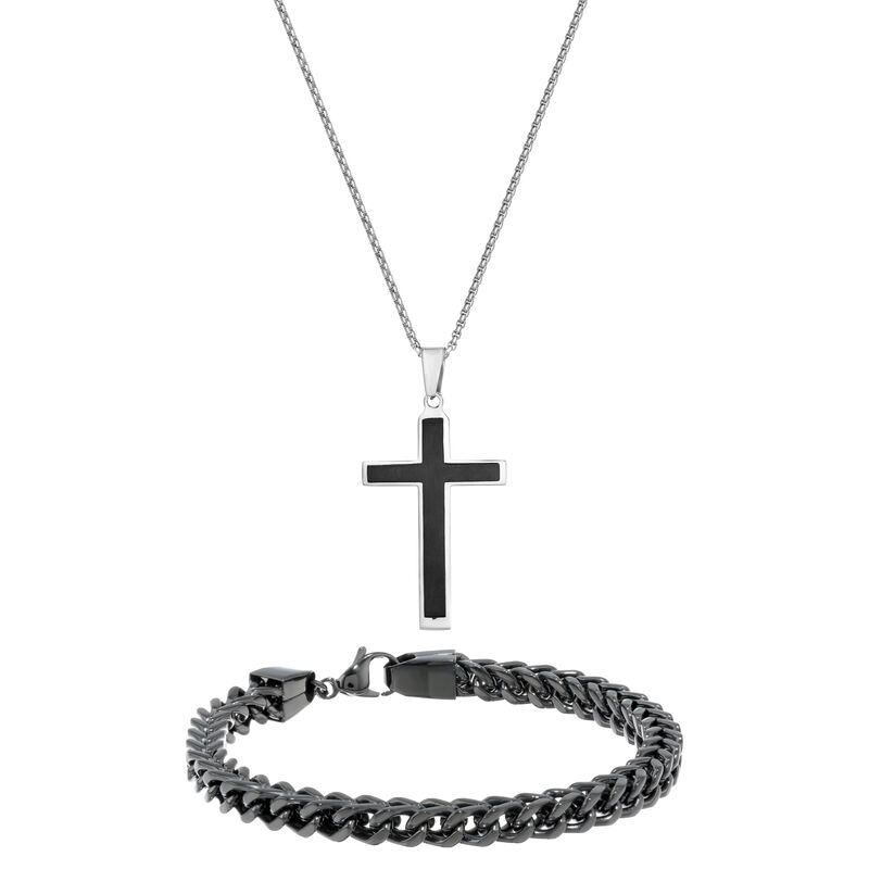 Men's Cross Pendant and 6mm Foxtail Bracelet Box Set in Black Plated Stainless Steel image number null