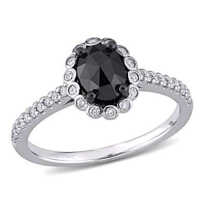 Oval Black Diamond Halo Engagement Ring in 14k White Gold