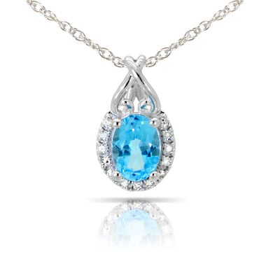 Blue Topaz & Diamond Oval Pendant in 10k White Gold