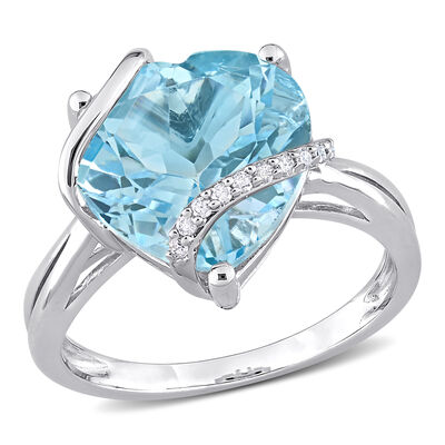 Heart-Shaped Blue Topaz & Diamond Wrapped Ring in Sterling Silver