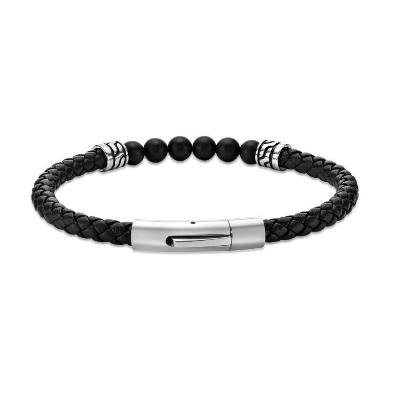 Black Agate & Leather Bracelet in Stainless Steel image number null