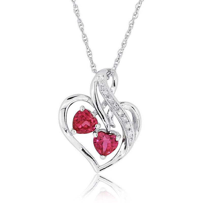 Created Ruby Double Heart & Diamond Pendant image number null
