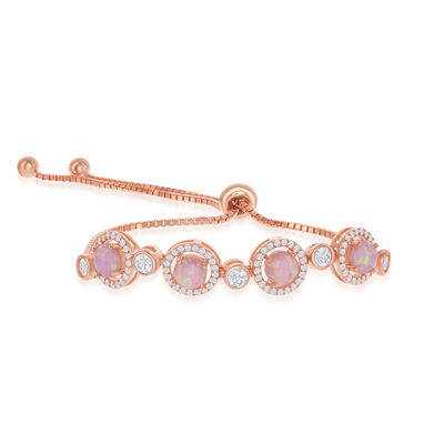Pink Opal & Crystal Halo Rose Plated Sterling Silver Bolo Bracelet