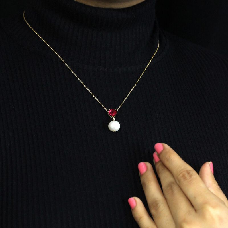 Heart-Shaped Created Ruby Pearl & Diamond Drop Pendant in 10k Yellow Gold image number null