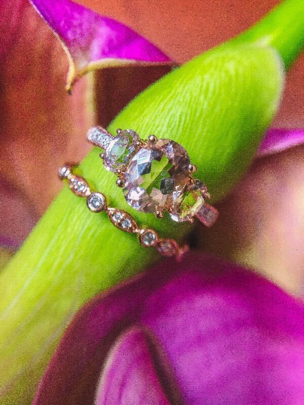 JK Crown: Three-Stone Morganite & Diamond Ring in 10k Rose Gold image number null