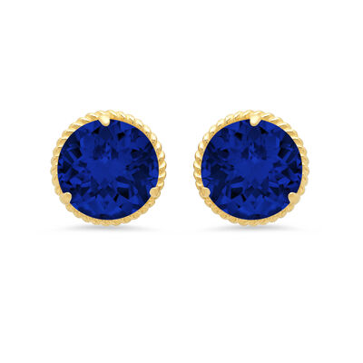 Created Blue Sapphire Roped Halo Stud Earrings in 14k Yellow Gold