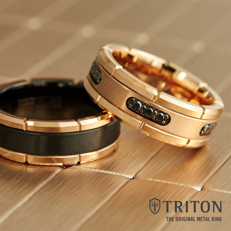 Triton Men's Rose Tungsten Carbide Flat Comfort Fit Black Diamond Band 8MM image number null
