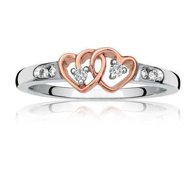 Diamond Accent Double Heart Promise Ring in Sterling Silver & 10k Rose Gold