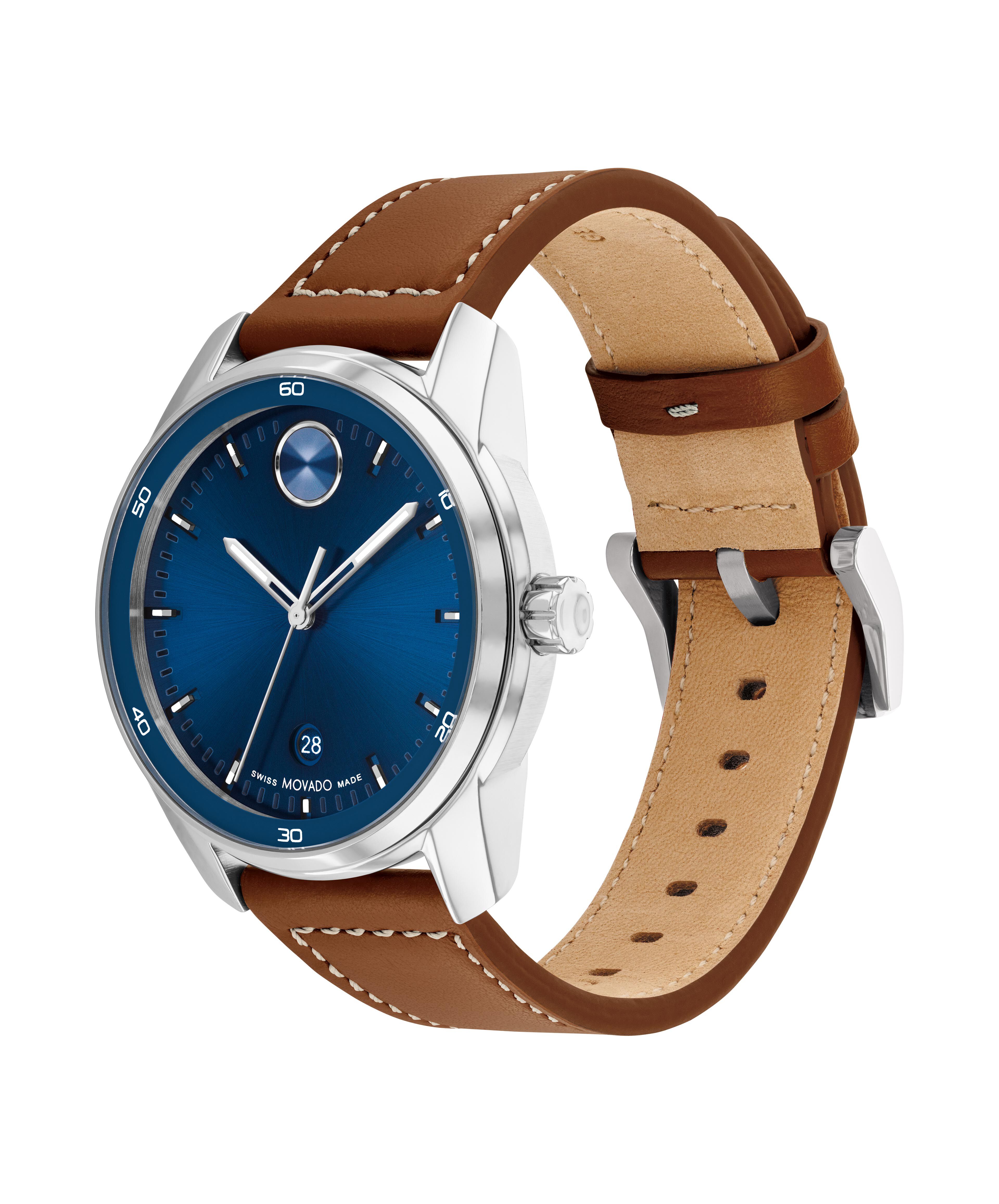 Movado Men's BOLD Verso Blue Dial Stainless Steel Leather Strap