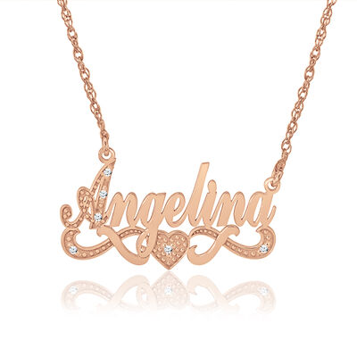 Diamond Accent with Heart Personalized Necklace in Rose Gold Plated Sterling Silver