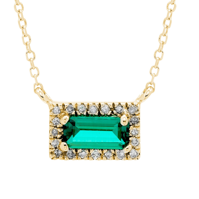 Baguette- Cut Emerald & Diamond East West Necklace in 10k Yellow Gold
