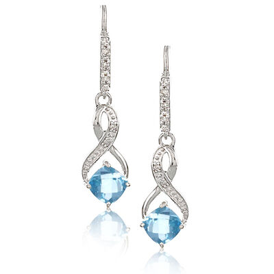 Blue Topaz & Diamond Dangle Earrings in Sterling Silver