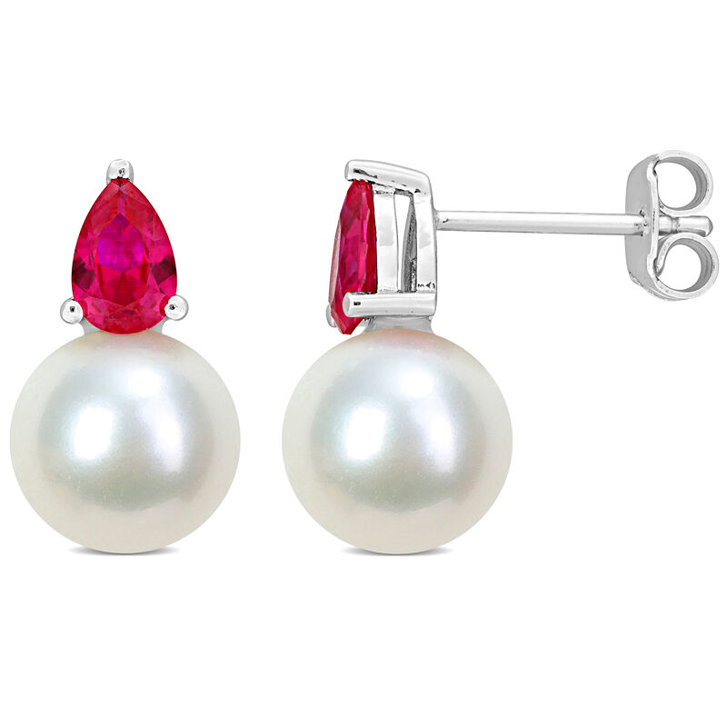 Created Ruby & Freshwater Cultured Pearl Stud Earrings in Sterling Silver image number null