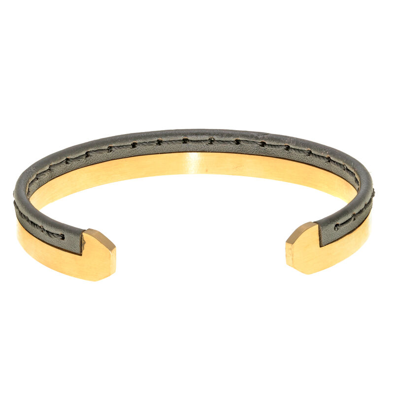 Men's Stitched Black Leather Cuff Bracelet in Stainless Steel image number null