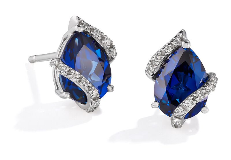 Pear Shaped Diamond Sapphire Swirl Stud Earrings in 10k White Gold image number null