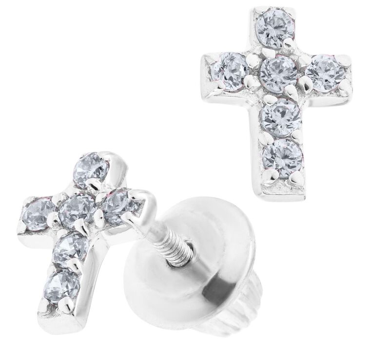 Crystal Cross Baby Earrings in Sterling Silver with Safety Backs image number null