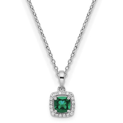 Cushion-Cut Created Emerald & Diamond Halo Pendant in Sterling Silver