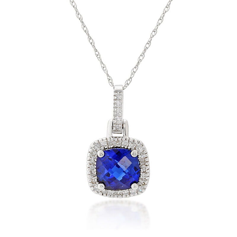 Blue Created Sapphire & Diamond Halo Pendant in 10k White Gold image number null