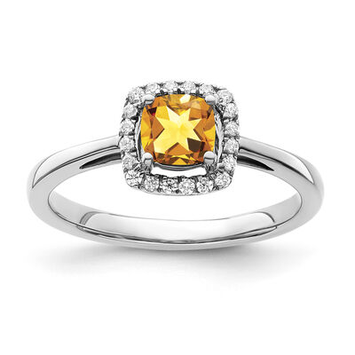 Cushion-Cut Citrine & Diamond Halo Ring in Sterling Silver