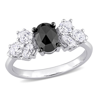 Black Diamond & Created White Moissanite Leaf Ring  in 10k White Gold
