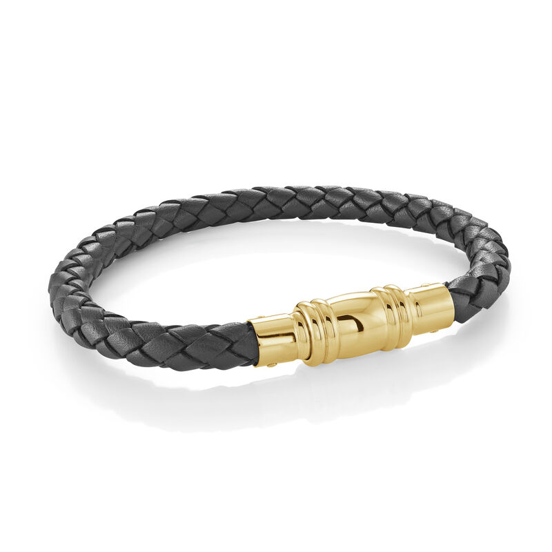 Italgem Steel Black Leather Bracelet in Gold IP Stainless Steel image number null