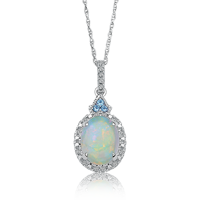 Oval Created Opal & Diamond Halo Pendant in 10k White Gold