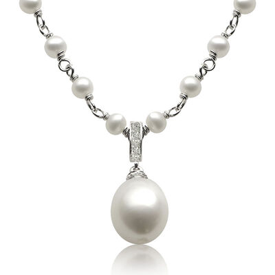 Freshwater Pearl & Diamond Necklace in Sterling Silver