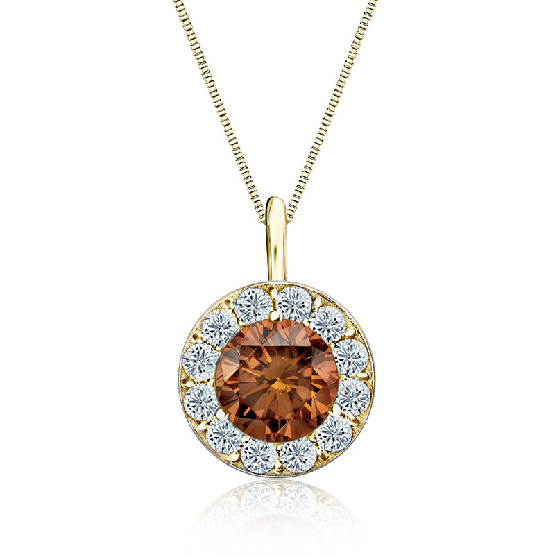 Champagne & White 2ct. Diamond Halo Pendant in 14k Yellow Gold image number null