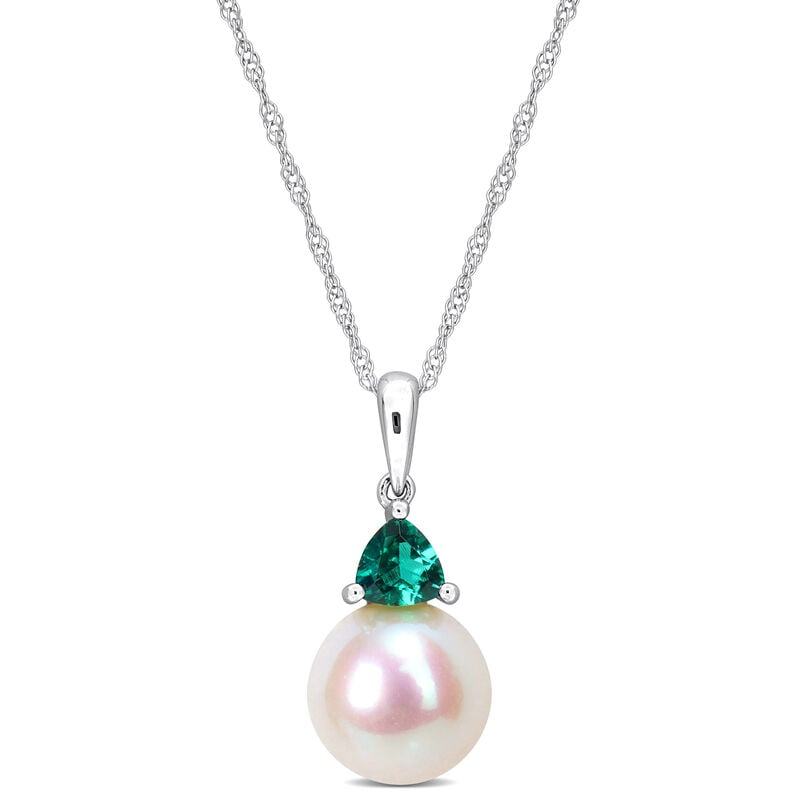 Created Emerald & Freshwater Cultured Pearl Necklace in 10k White Gold image number null