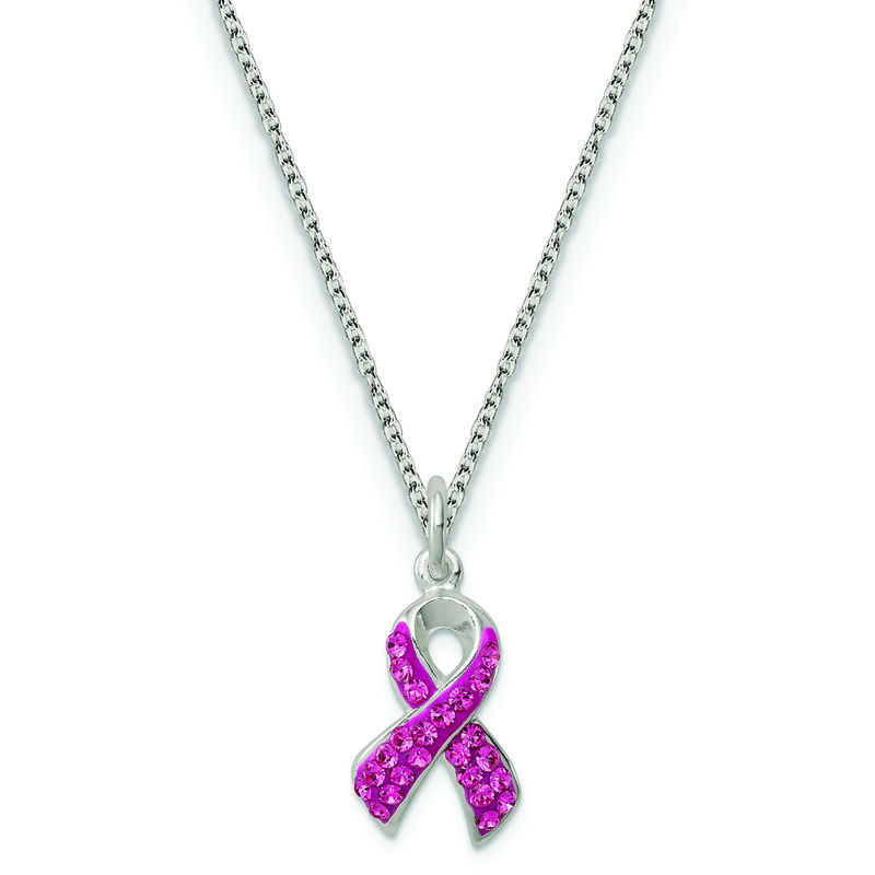 Crystal Pink Awareness Ribbon Pendant in Sterling Silver image number null