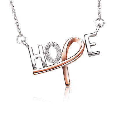 Promise of Hope Diamond HOPE Necklace in Sterling Silver with Pink Plated Ribbon