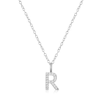 Lab Grown Diamond Letter R Initial Pendant Necklace in Sterling Silver