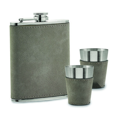 Grey Leatherette Box, Flask & 2 Cups Gift Set