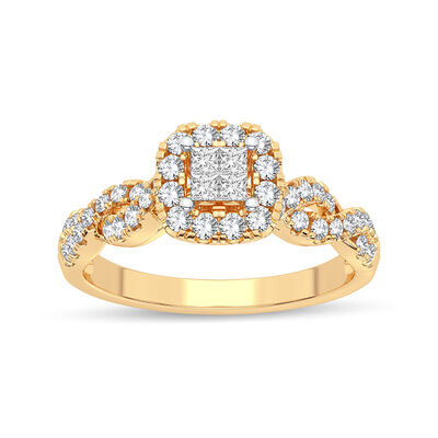 Calla. Princess-Cut Quad Diamond Twist Engagement Ring in 14k Yellow Gold