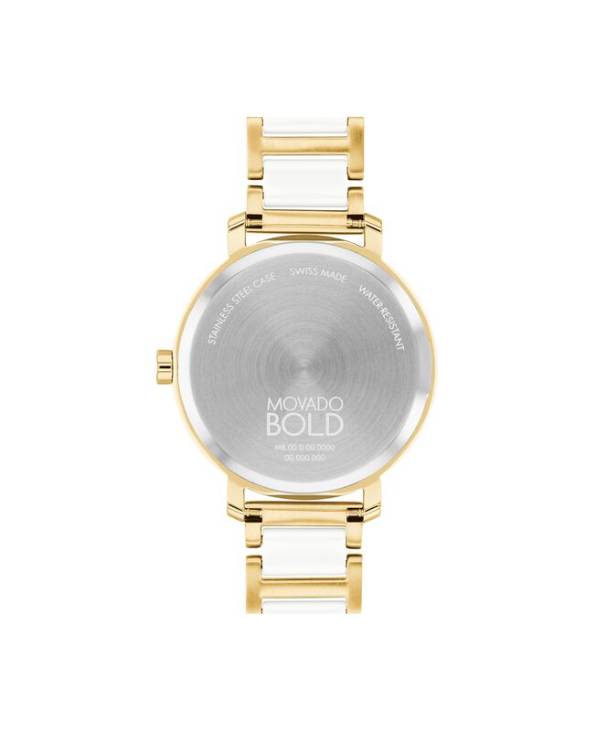 Movado Ladies' Bold Evolution 2.0 White Ceramic White Dial Yellow IP Bracelet 34mm Watch 3601238 image number null
