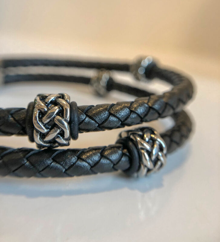 Double Band Black Leather & Stainless Steel Tribal Detail Bracelet image number null