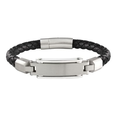 Men's Satin Polish Engravable Silver-tone Black Braided Leather Bracelet