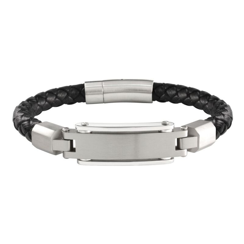 Men’s Satin Polish Engravable Silver-tone Black Braided Leather Bracelet image number null