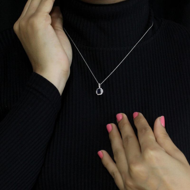Emerald-Cut Sapphire & Diamond Halo Pendant in 10k White Gold image number null