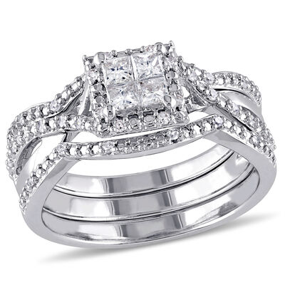 Diamond Princess Quad Halo 1/2ctw. Ring + Band 2-Piece Ring Set in Sterling Silver
