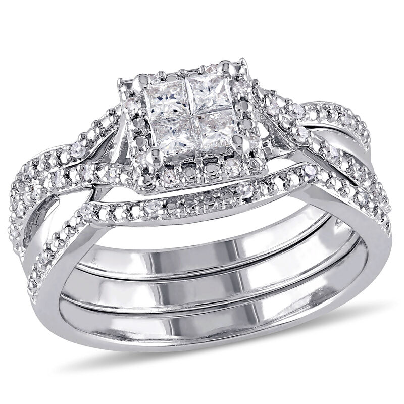 Diamond Princess Quad Halo 1/2ctw. Ring + Band 2-Piece Ring Set in Sterling Silver image number null