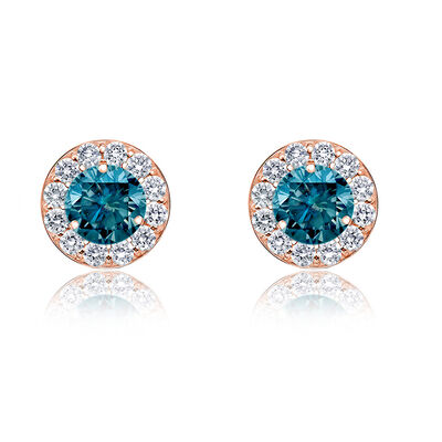 Blue Diamond Halo 1/2ctw. Stud Earrings in 14k Rose Gold