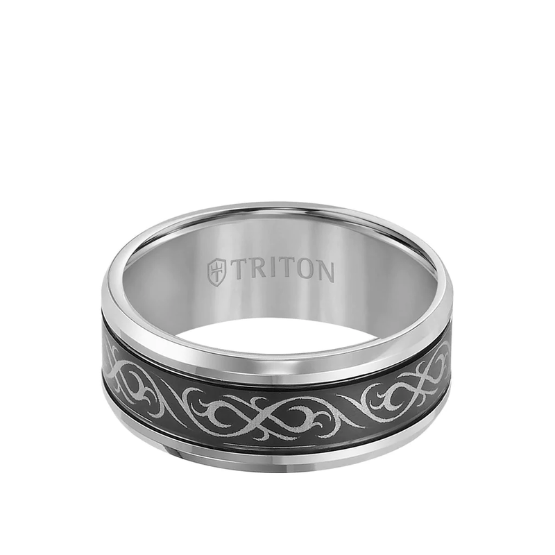 Triton Black & White Tungsten Tribal Wedding Band image number null