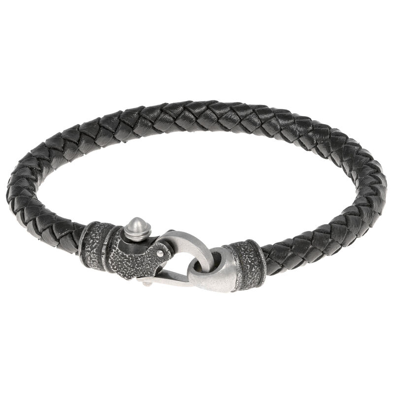 Men's Stainless Steel Clasp Double Black Braid Leather Bracelet image number null