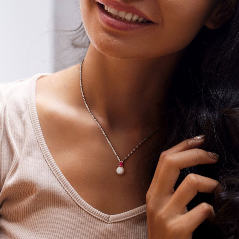 Created Ruby & Freshwater Cultured Pearl Necklace in Sterling Silver image number null