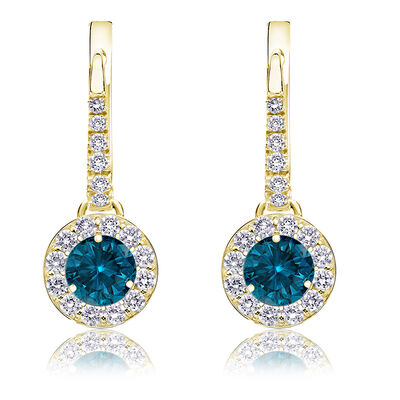 Drop 1ct. Blue Diamond Halo Earrings in 14k Yellow Gold
